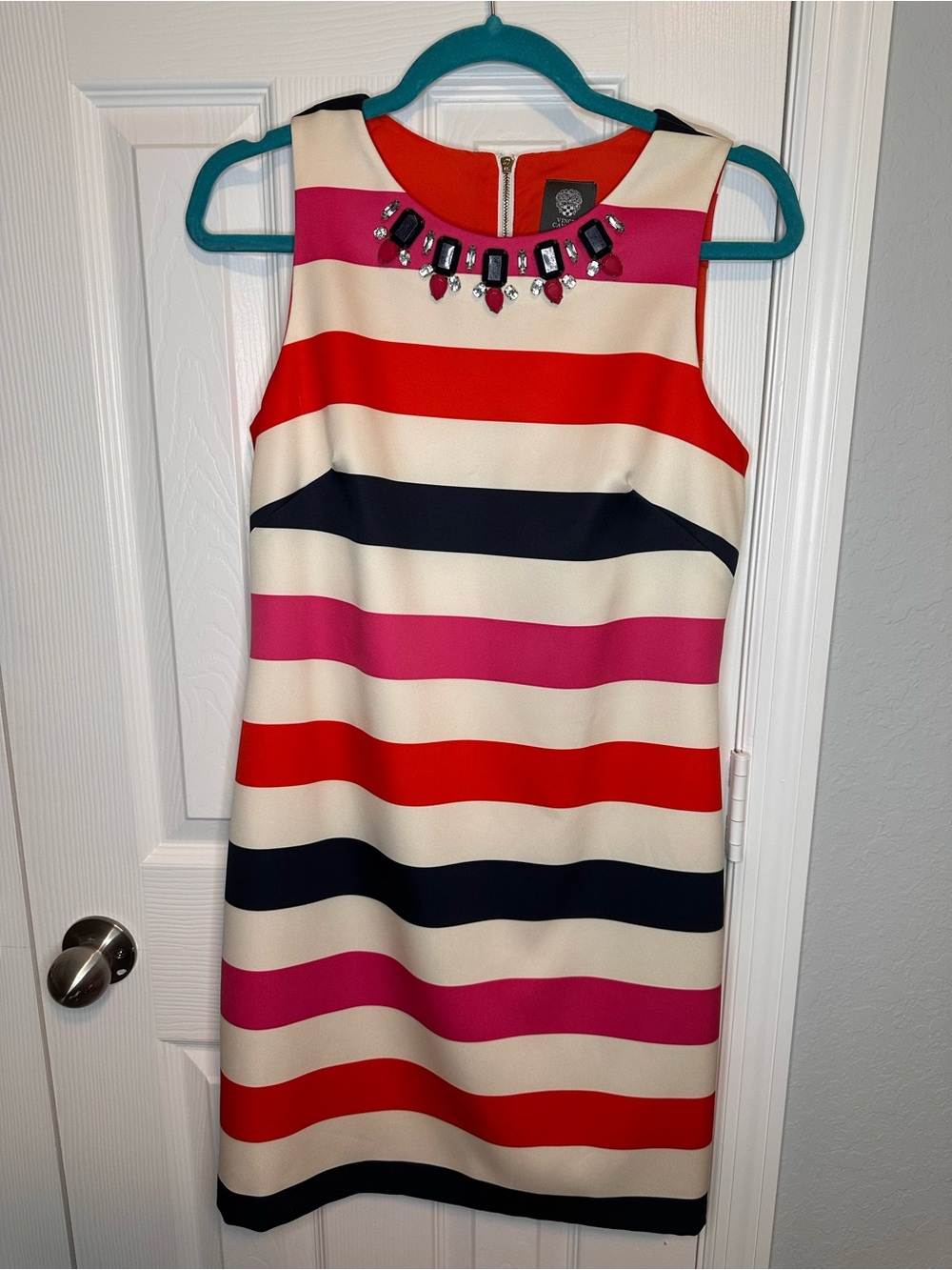 Vince Camuto Cream Red Pink Navy Striped Jewel-Neck Mini Dress